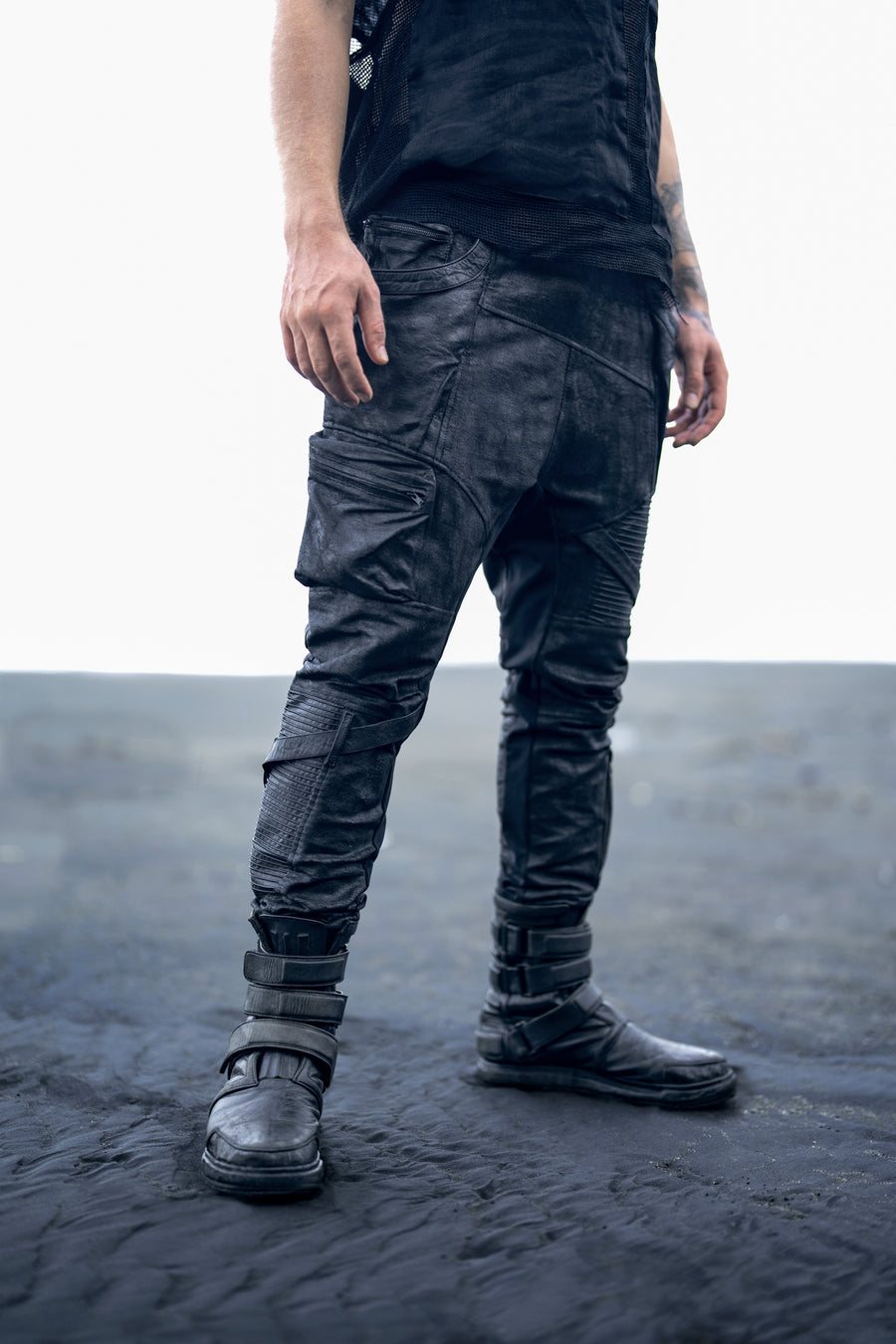 mens waxed textured drop crotch ninja pants leather boots