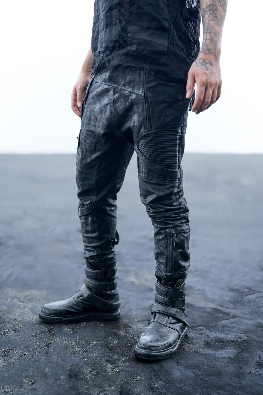 mens waxed textured drop crotch utility track pants leather boots