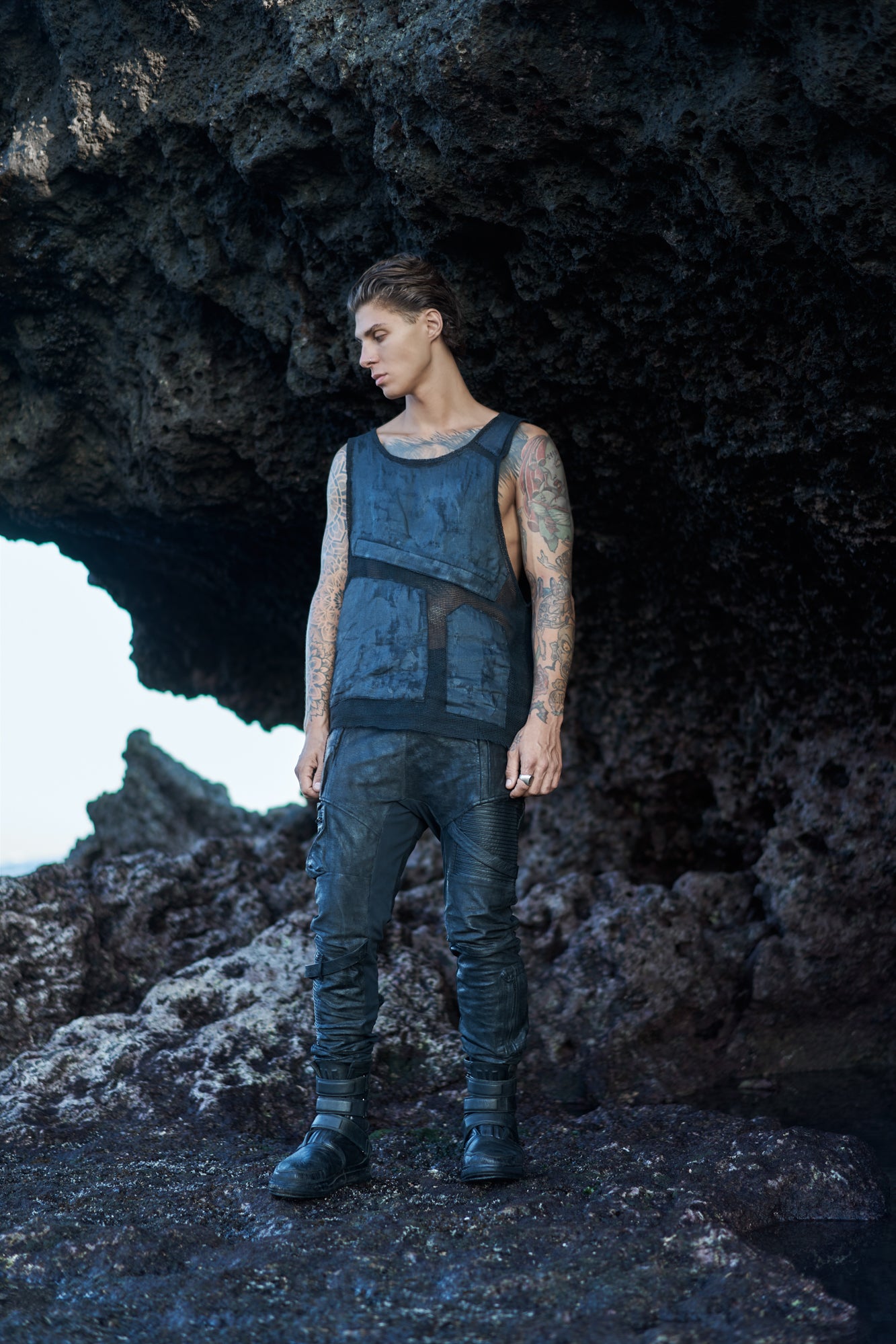 mens grunge waxed textured tank top tactical jogger pants