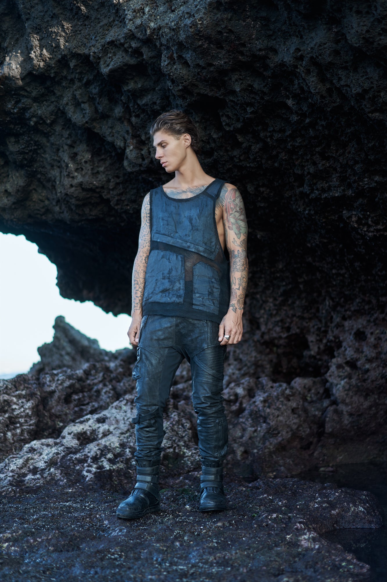 mens grunge waxed textured tank top tactical jogger pants