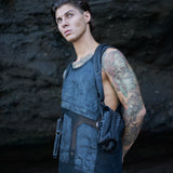 Dark post-apocalyptic apparel with leather holster bag and alternative mesh tank top