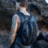 Men's avant-garde fashion accessories with leather laptop backpack in biomorphic xenomorph Giger design