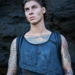 Men's post-apocalyptic mesh tank top with leather avant-garde backpack straps