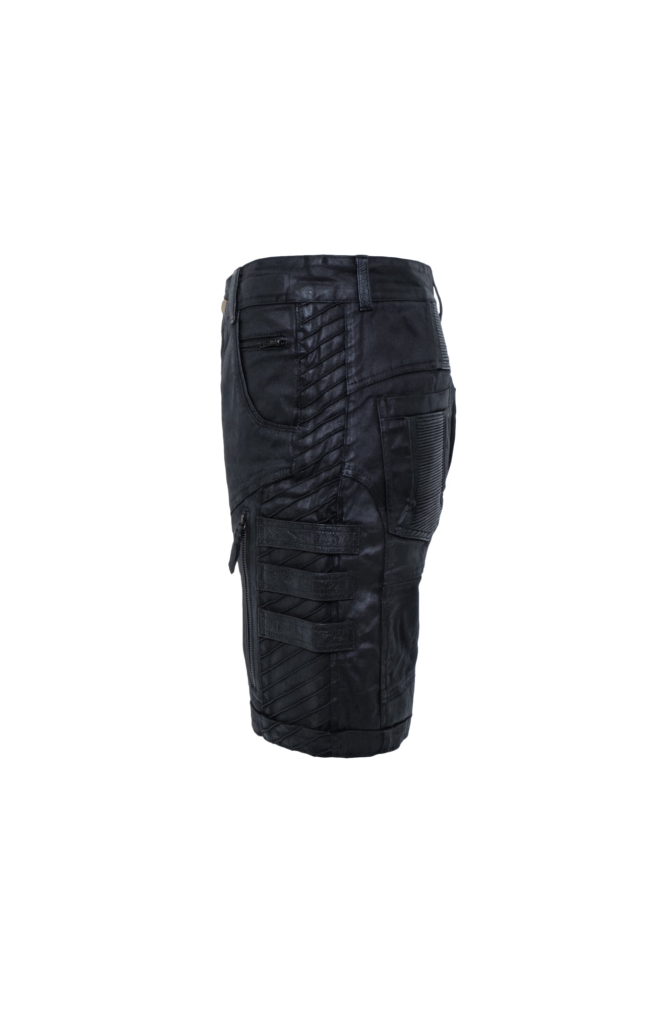 mens waxed textured tactical cargo shorts leather straps side seam rib texture