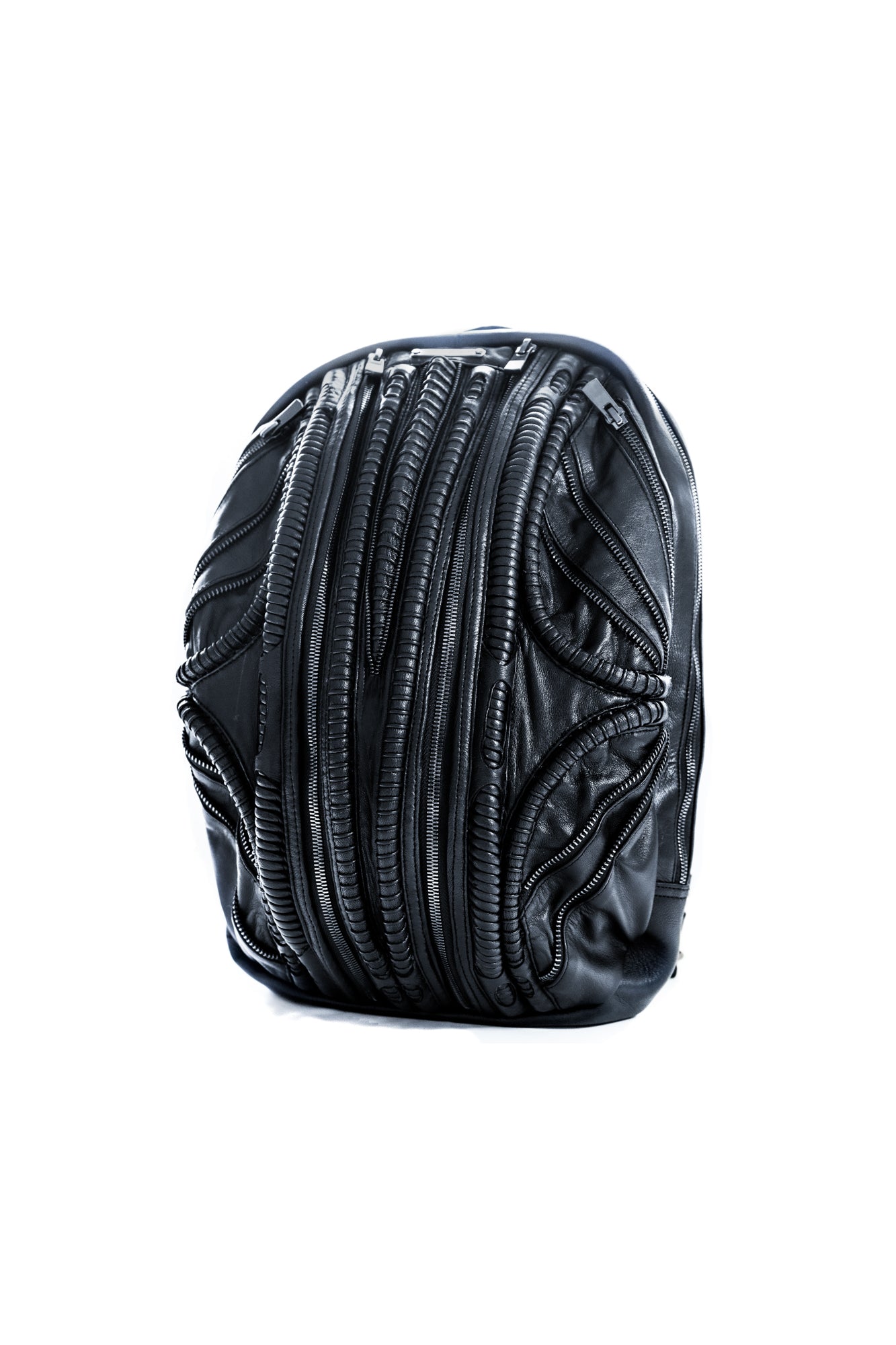 Unisex futuristic leather laptop backpack in post-apocalyptic dark avant-garde fashion