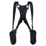 Avant-garde, biomorphic, exoskeletal double pouch leather harness bag back view