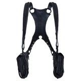Avant-garde, biomorphic, exoskeletal double pouch leather harness bag back view