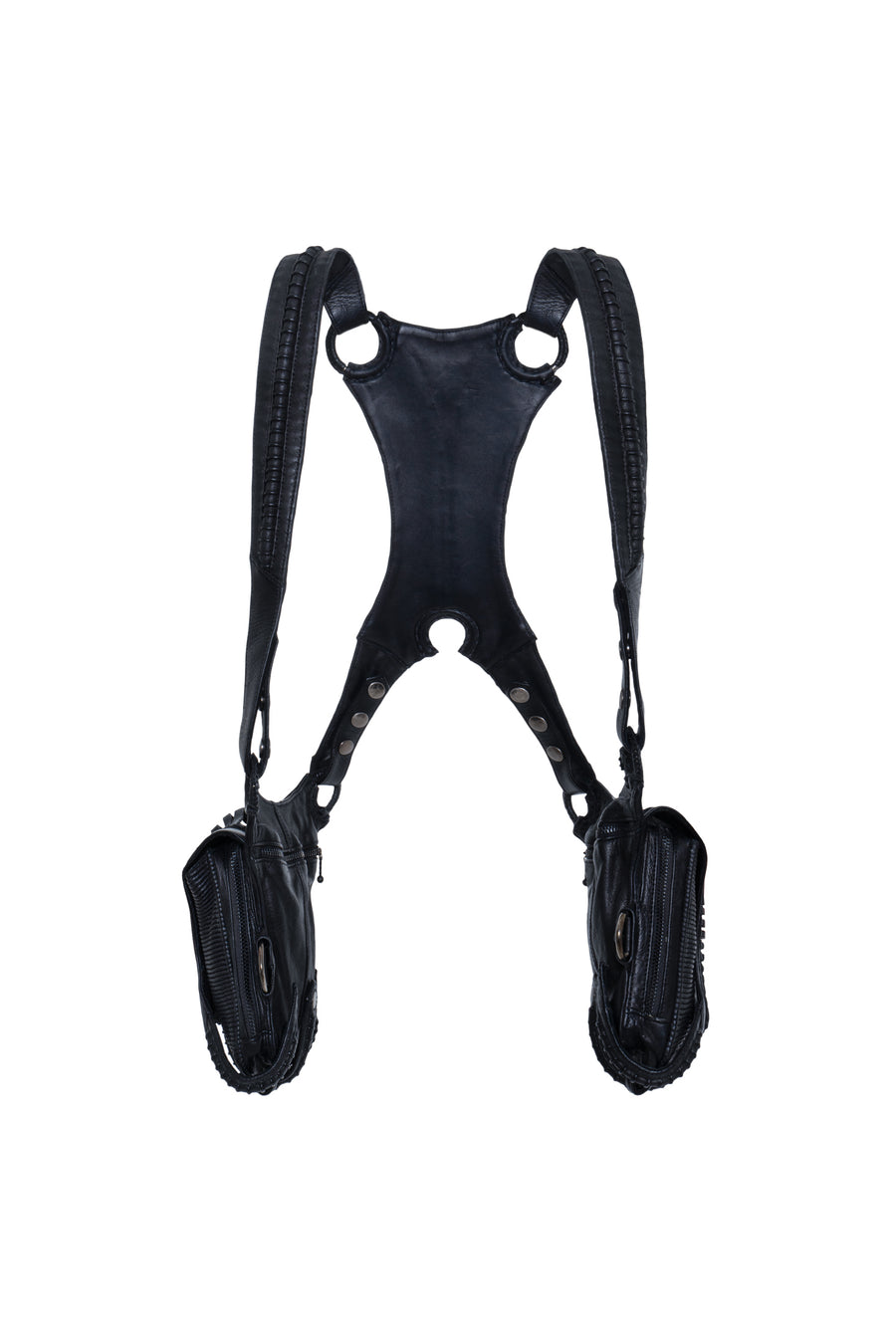 Avant-garde, biomorphic, exoskeletal double pouch leather harness bag back view