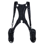 Avant-garde, biomorphic, exoskeletal double pouch leather harness bag front view