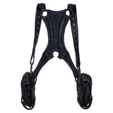 Avant-garde, biomorphic, exoskeletal double pouch leather harness bag front view