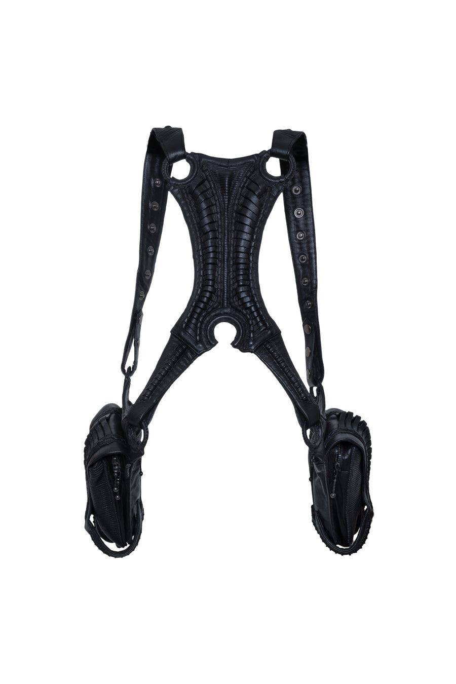 Avant-garde, biomorphic, exoskeletal double pouch leather harness bag front view