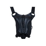 Avant-garde, biomorphic, exoskeleton pouch with sculptural leather construction and ribbed panels