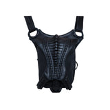 Avant-garde, biomorphic, exoskeleton pouch with sculptural leather construction and ribbed panels