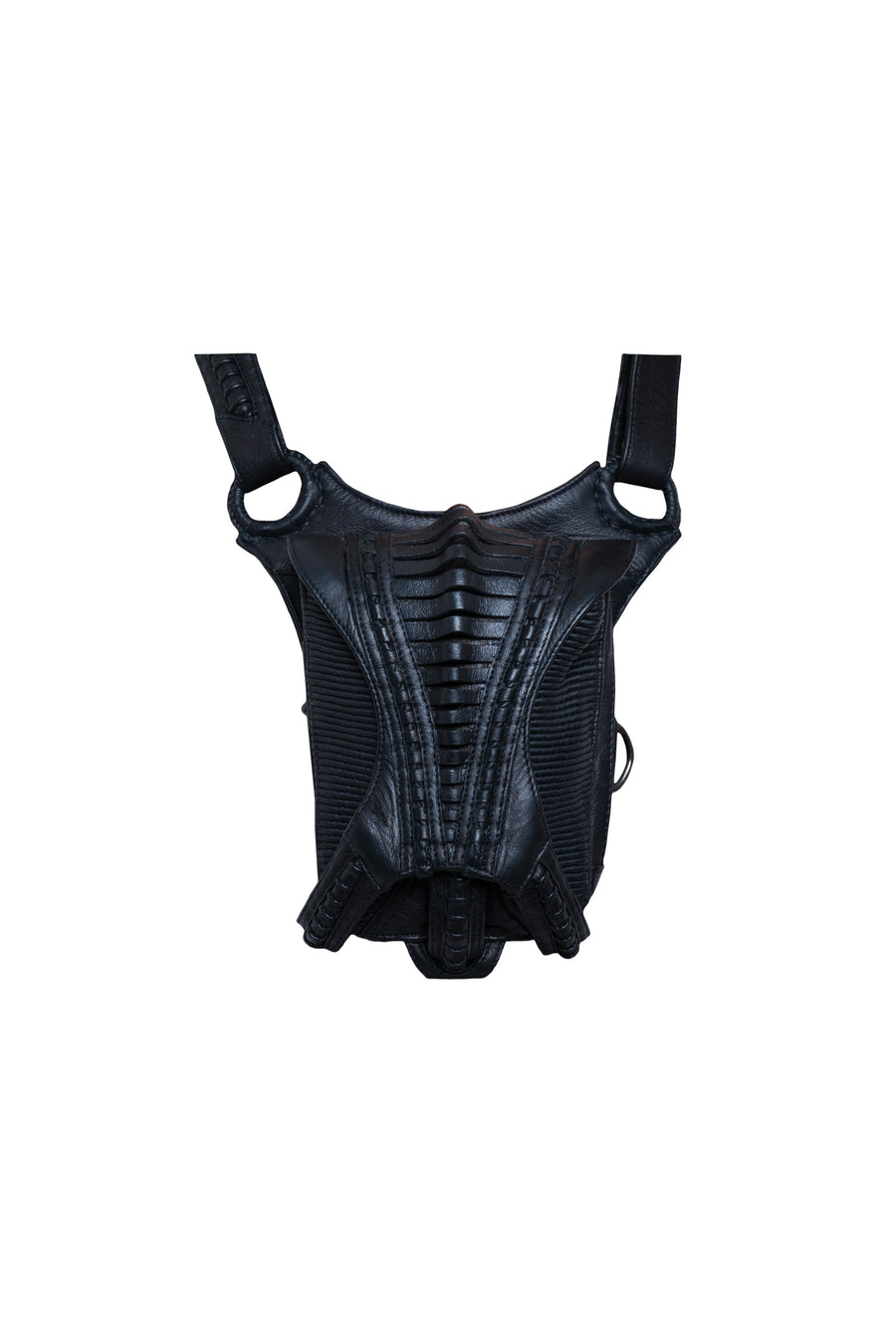 Avant-garde, biomorphic, exoskeleton pouch with sculptural leather construction and ribbed panels