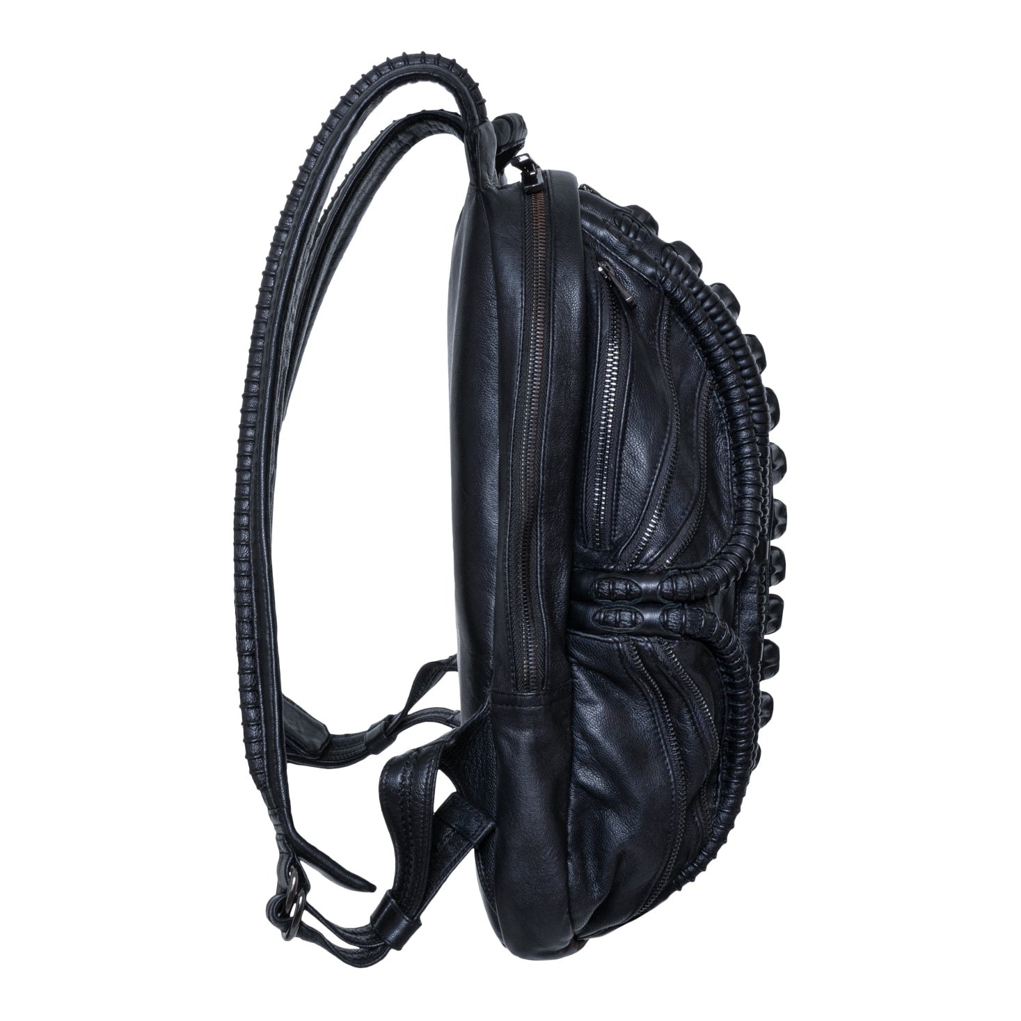 Avant-garde leather laptop backpack with biomorphic spine design in dark post-apocalyptic fashion