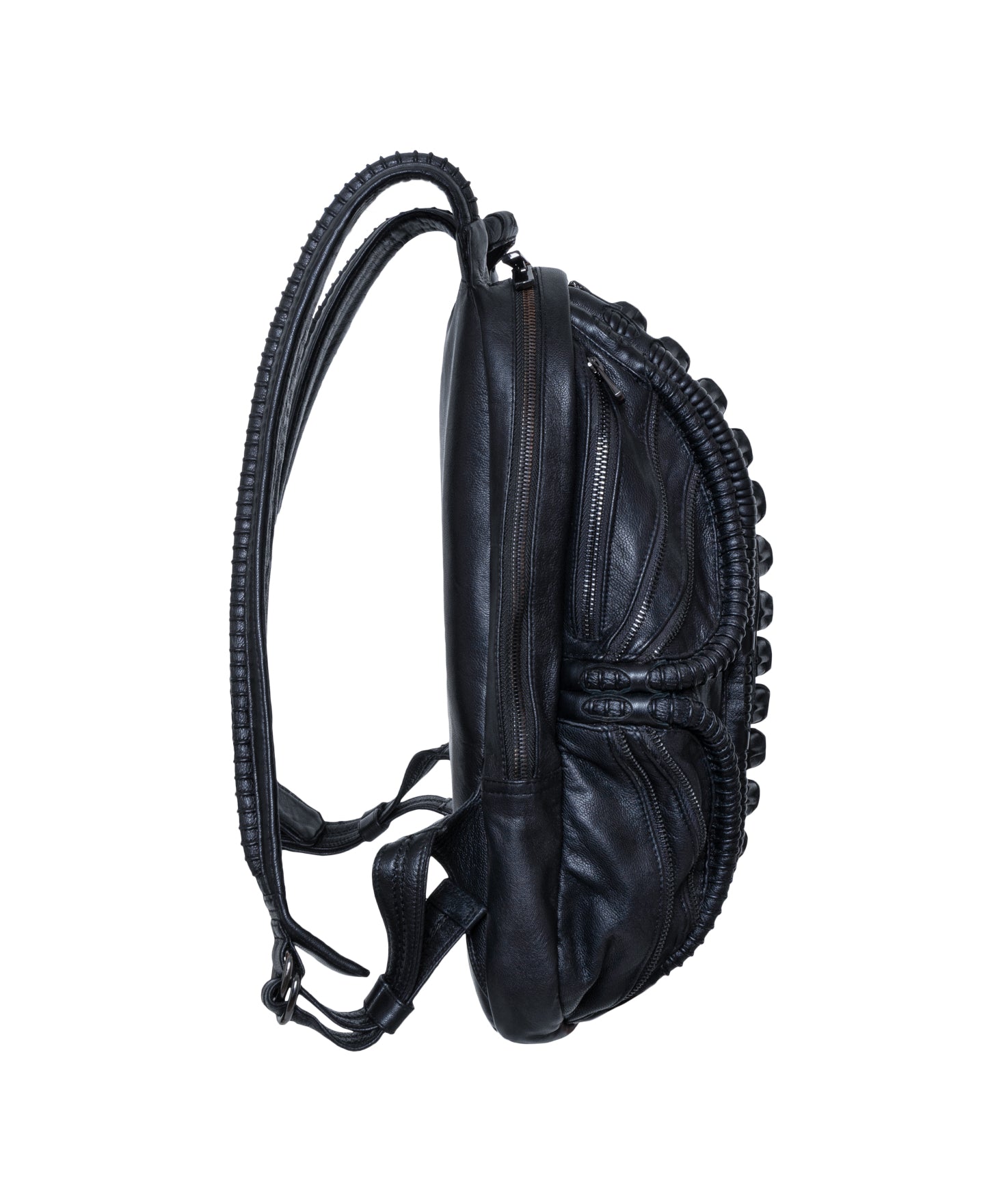 Avant-garde leather laptop backpack with biomorphic spine design in dark post-apocalyptic fashion