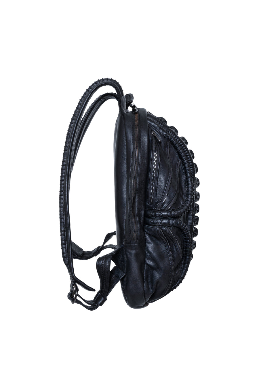 Avant-garde leather laptop backpack with biomorphic spine design in dark post-apocalyptic fashion