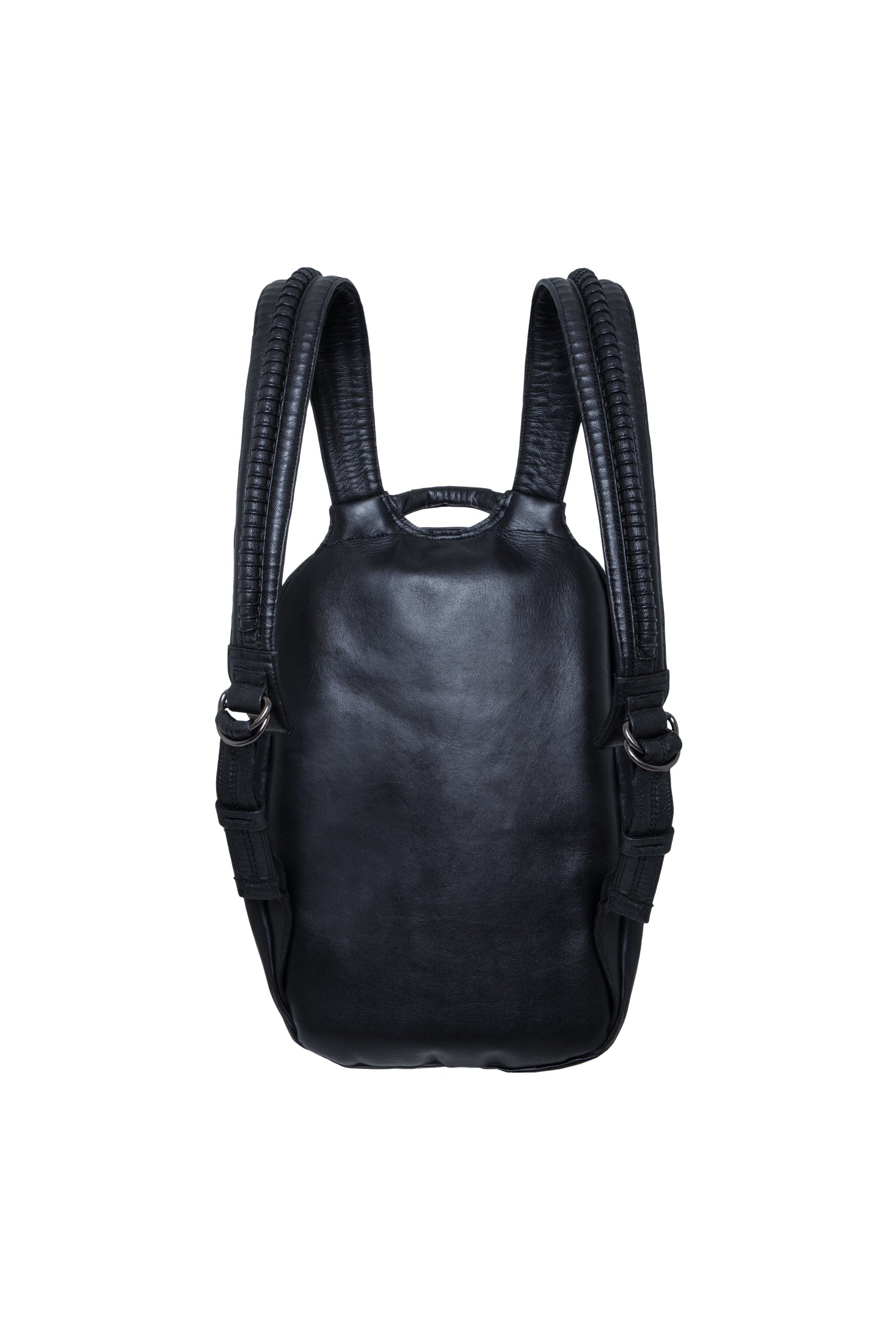 Avant-garde backpack in dark post-apocalyptic fashion and leather biomorphic straps