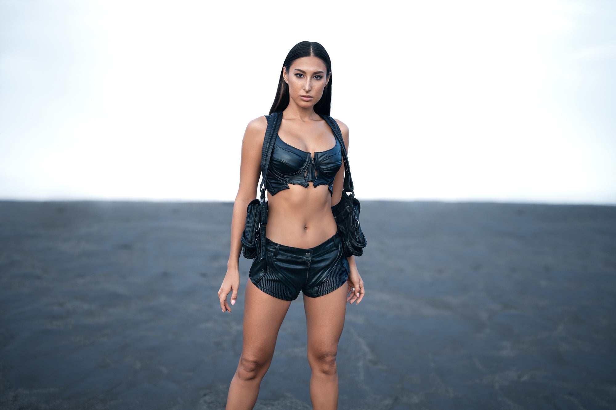 women's avant-garde fashion bustier top faux leather booty shorts leather holster bag 