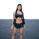 women's avant-garde fashion bustier top faux leather booty shorts leather holster bag 