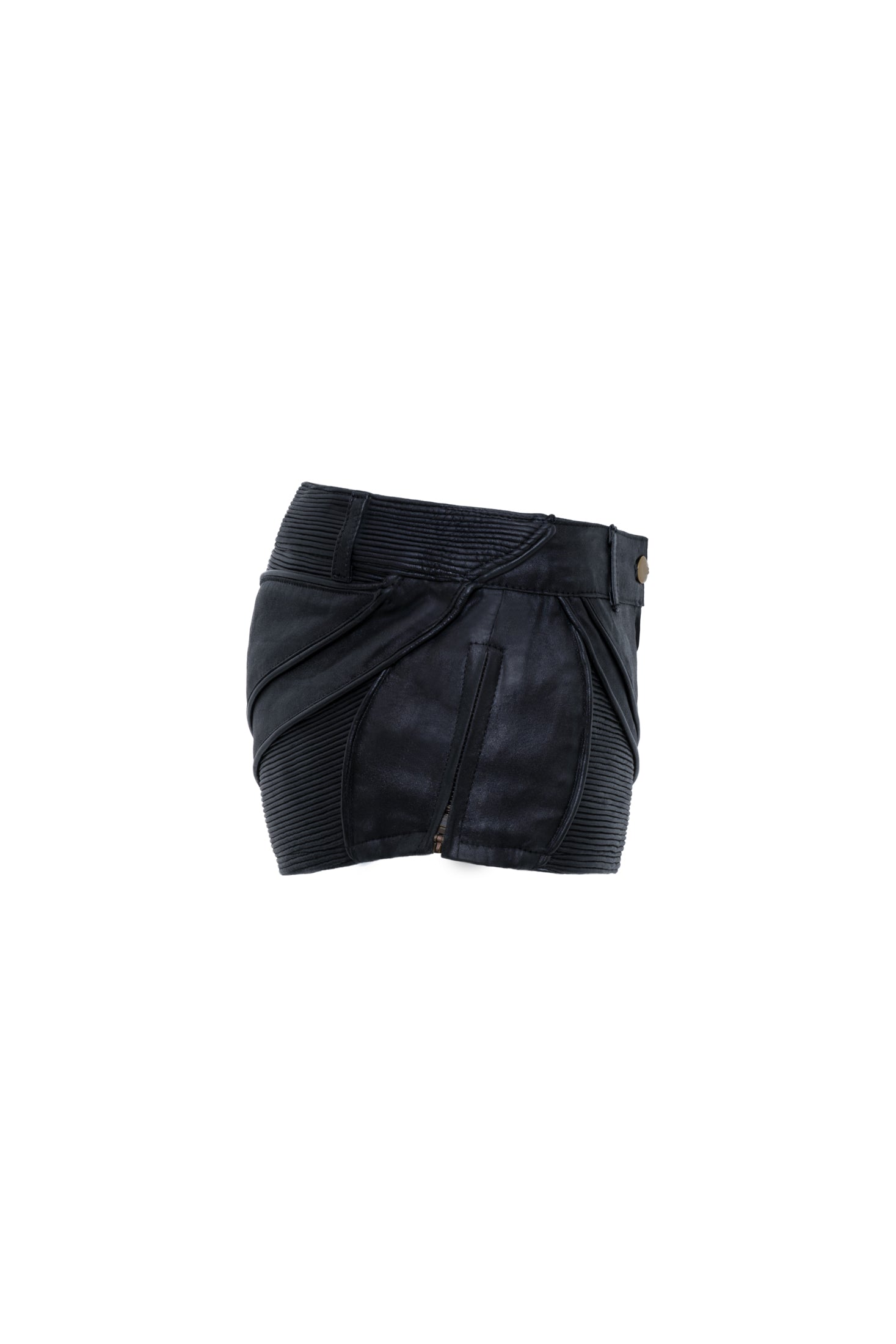 womens unisex textured booty shorts hot pants leather piping rib patches grunge texture zip opening