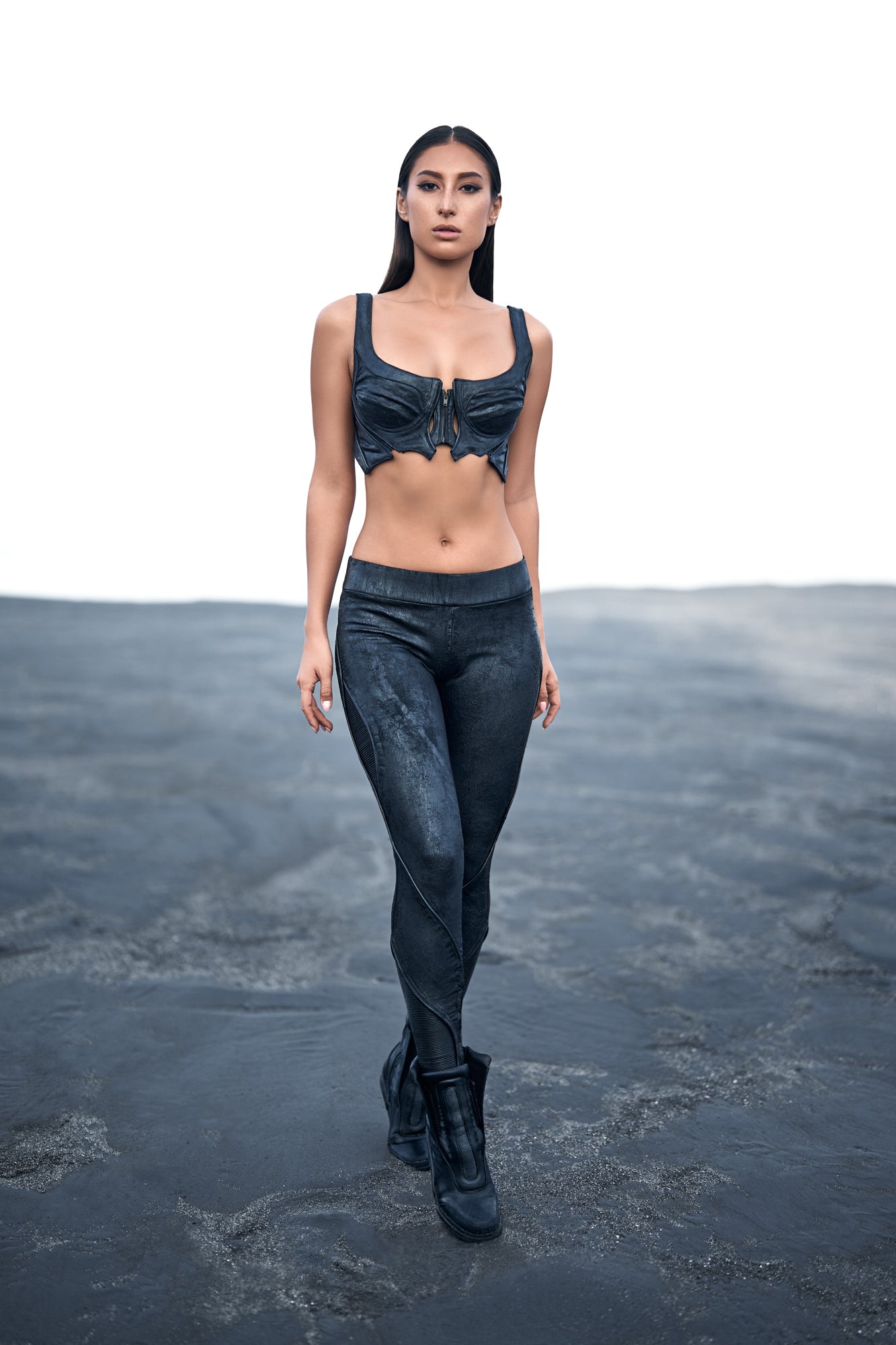 unisex skin tight waxed textured ankle leggings biomorphic grunge avant garde streetwear fit bustier top