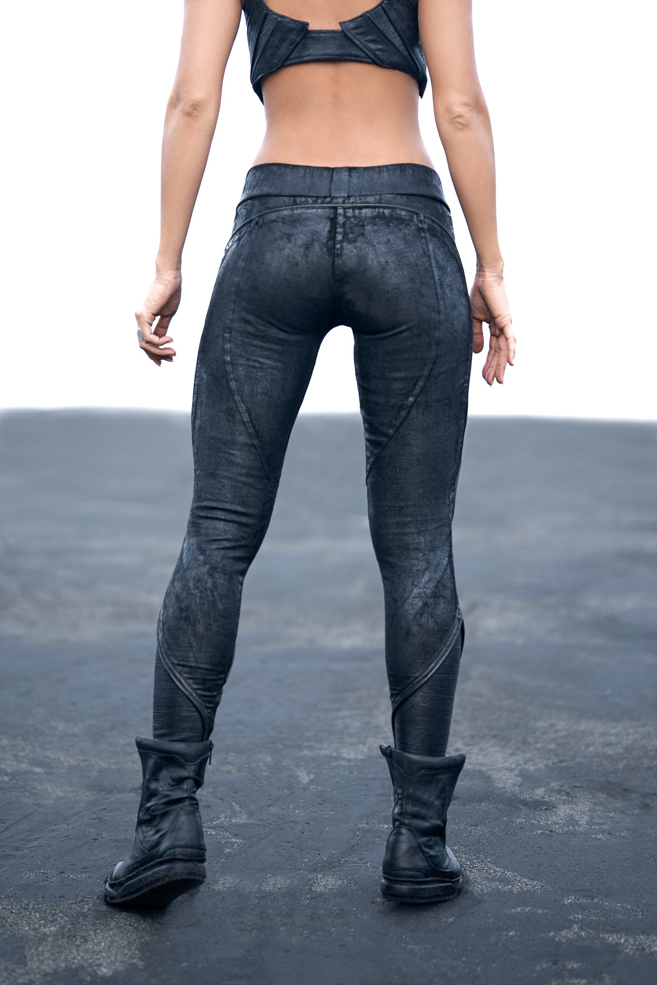 unisex skin tight waxed textured ankle leggings biomorphic Metallic grunge avant garde streetwear