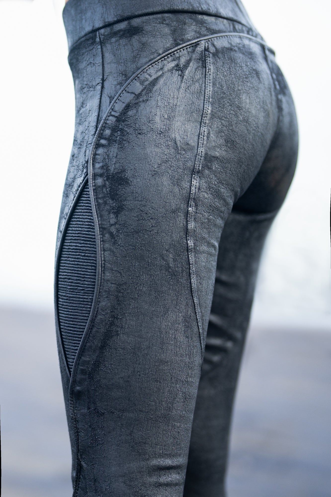 unisex skin tight Metallic textured ankle leggings biomorphic grunge texture leather piping