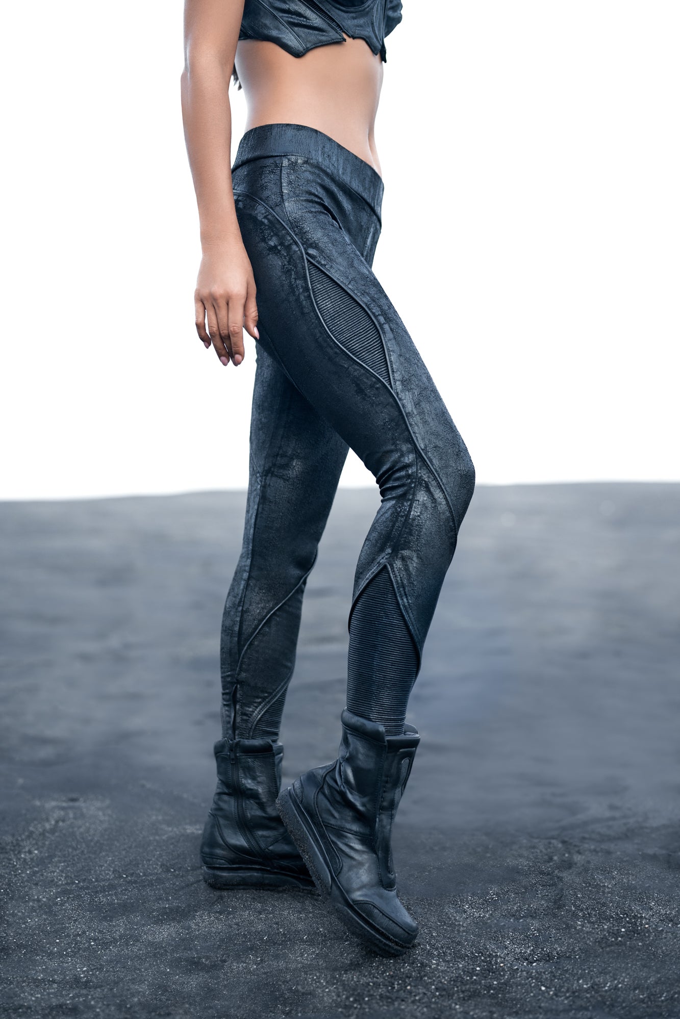 unisex skin tight Metallic textured ankle leggings biomorphic grunge texture leather rib